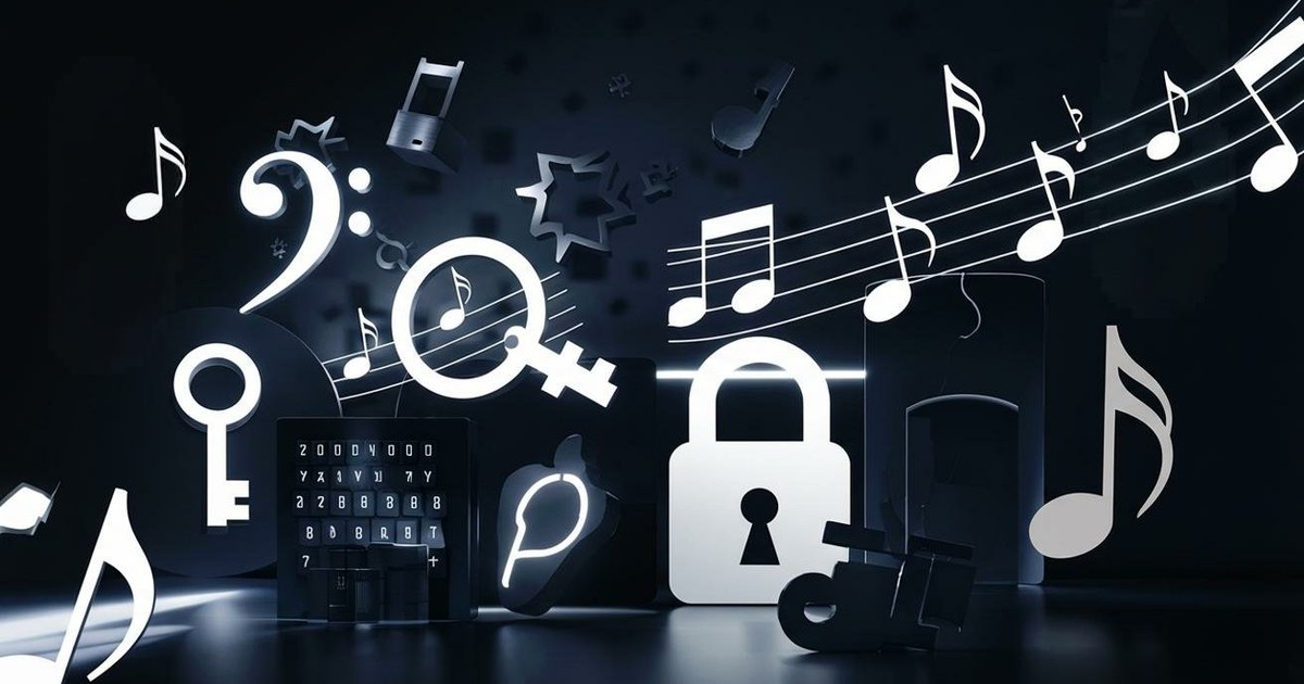 Abstrakte Illustration mit Bassschlüssel, Schloss und schwebenden Noten – Bassschlüssel lesen lernen