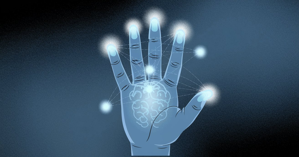 Illustrierte Hand mit leuchtendem Gehirn und Lichtpunkten an den Fingerspitzen – Symbol für Fingerübungen am Klavier und neuronales Lernen