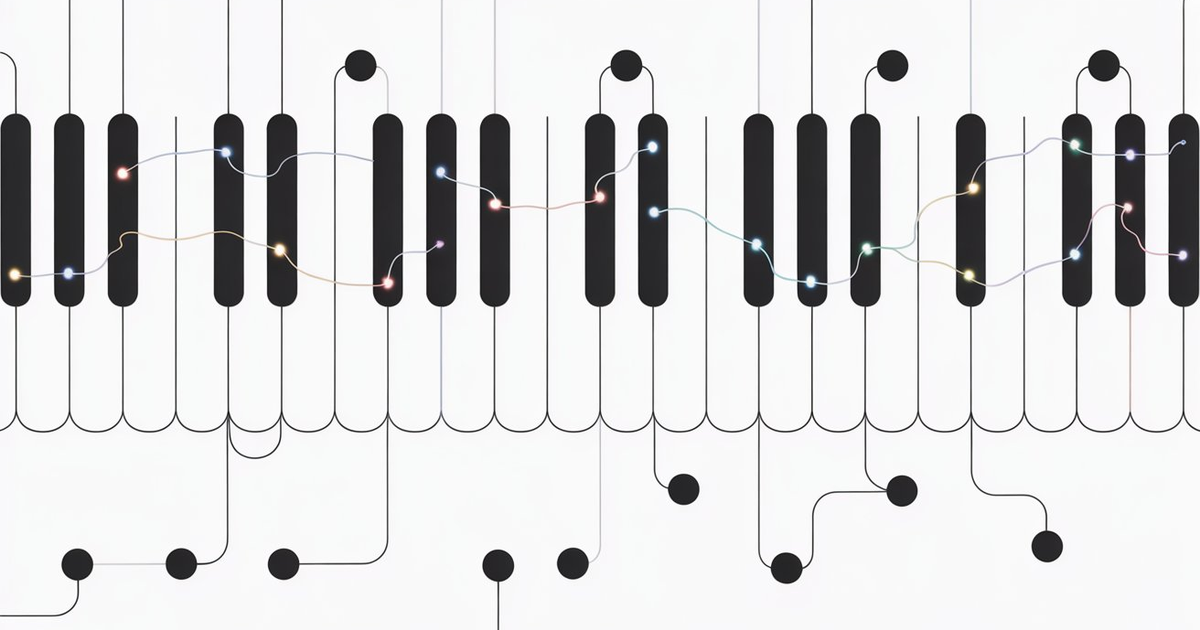 Klaviatur mit Neuronen-Symbolen zeigt vernetztes Lernen der Fis-Dur Tonleiter am Klavier
