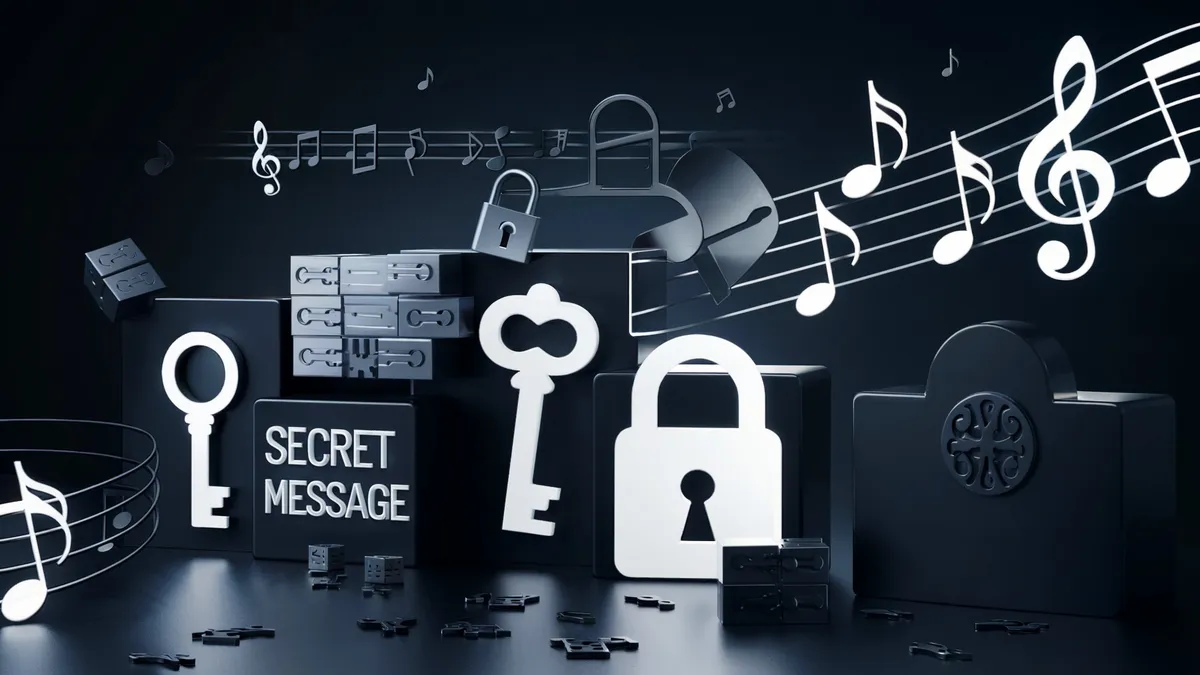 Notensymbole, ein Schl\u00FCssel und Geheimcodes \u2013 Symbolbild f\u00FCr den NotenFit-Kurs, der die Geheimsprache der Noten entschl\u00FCsselt